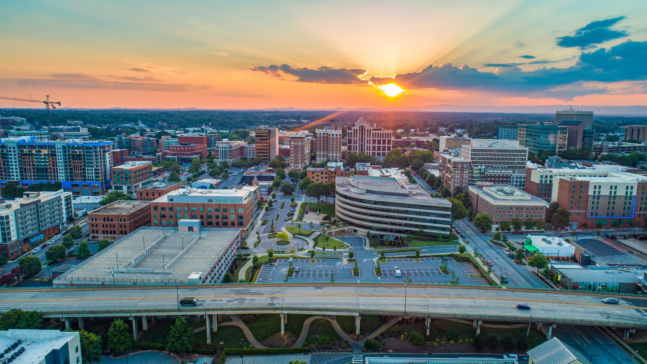 Greenville South Carolina SC Skyline Aerial at Sunset